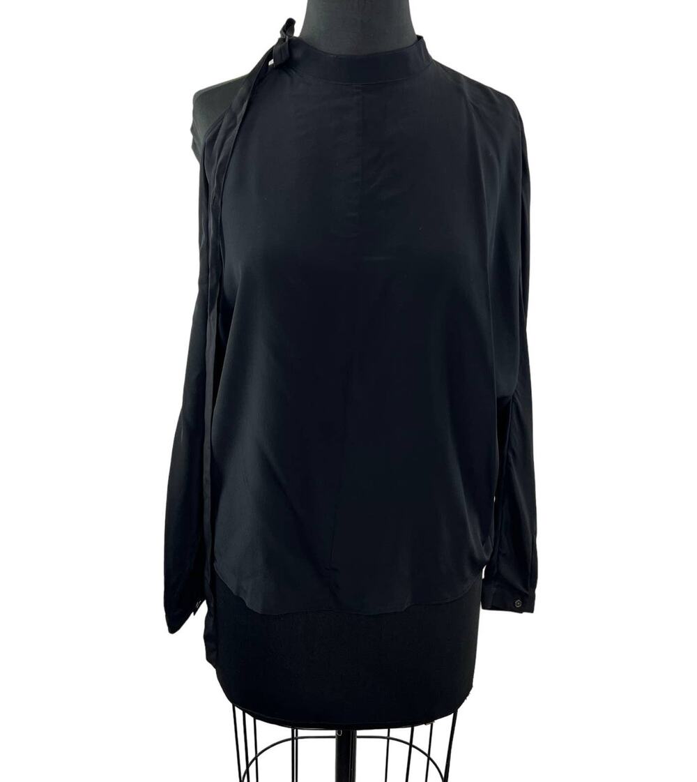 Robert Rodriguez Cold-Shoulder Long-Sleeve Silk Top in Black Tie Neck Blouse XS